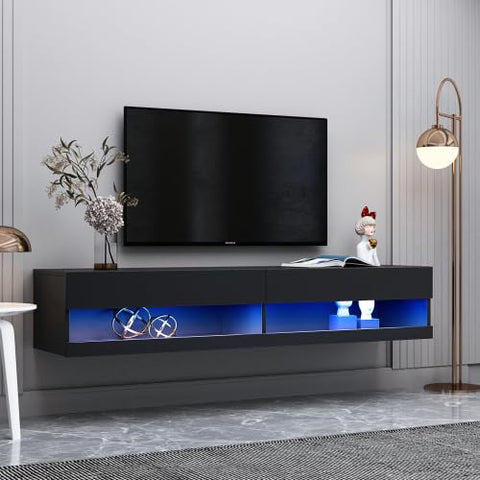 180" Black+Grey Wall Mounted TV Stand with 20 Color LEDs