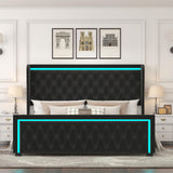 Velvet Queen Platform Bed with LED Light Headboard