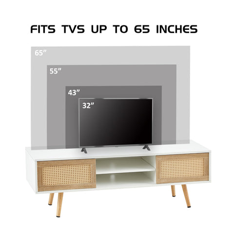 Farmhouse Wood TV Stand with Rattan Sliding Doors - Natural Style - White