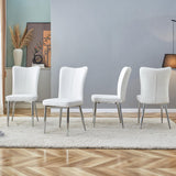 Modern White Dining Chairs Set, PU Leather Seat, Silver Metal Legs