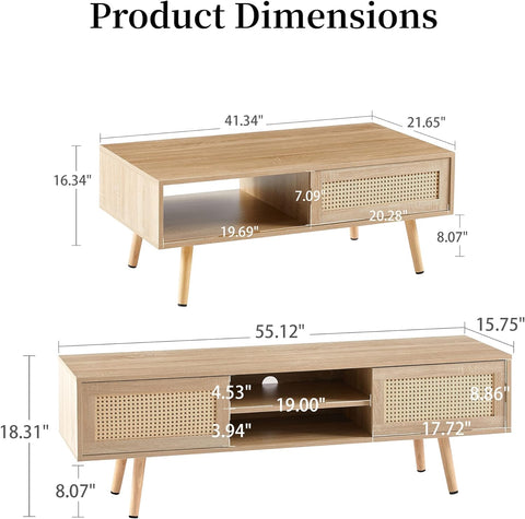 Farmhouse Rattan Coffee Table & TV Stand - Storage, Solid Wood Legs