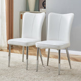 Modern White Dining Chairs Set, PU Leather Seat, Silver Metal Legs