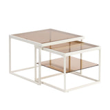 Modern High-Low Coffee Table Set - Brown Glass, Metal Frame