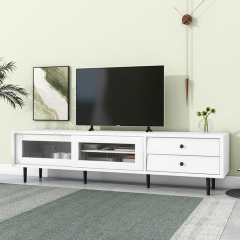 Elegant 71" TV Stand with Glass Doors and Slanted Drawers