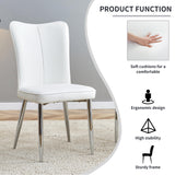 Modern White Dining Chairs Set, PU Leather Seat, Silver Metal Legs