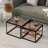 Modern High-Low Coffee Table Set - Brown Glass, Metal Frame