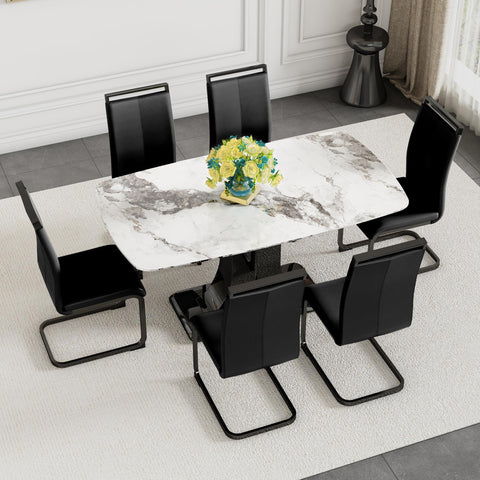 Modern 6-Piece Dining Set with White Marble Tabletop and Black Metal Legs