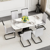 Modern 6-Piece Dining Set with White Marble Tabletop and Black Metal Legs