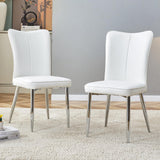 Modern White Dining Chairs Set, PU Leather Seat, Silver Metal Legs