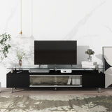 Modern Black TV Stand with Glass Doors & Storage