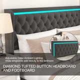 Velvet Queen Platform Bed with LED Light Headboard