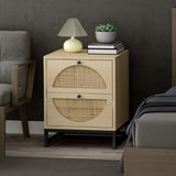 Stylish Rattan Nightstand with 2 Drawers - Farmhouse Accent Storage Cabinet