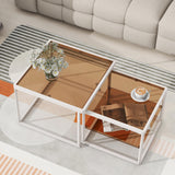 Modern High-Low Coffee Table Set - Brown Glass, Metal Frame