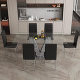 Modern Glass Dining Table Set for 6 with White PU Leather Chairs