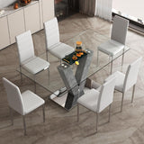 Modern Glass Dining Table Set for 6 with White PU Leather Chairs