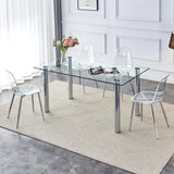 Modern Glass Dining Table for Dining Room, 63 Inch Rectangular Kitchen Table with Silver Metal Legs.