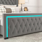 Velvet Queen Platform Bed with LED Light Headboard