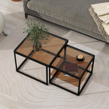 Modern High-Low Coffee Table Set - Brown Glass, Metal Frame