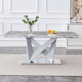 Modern Grey Marble Dining Table with Double V-Shaped Supports