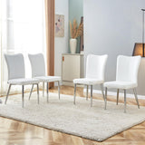 Modern White Dining Chairs Set, PU Leather Seat, Silver Metal Legs