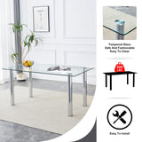 Modern Glass Dining Table for Dining Room, 63 Inch Rectangular Kitchen Table with Silver Metal Legs.