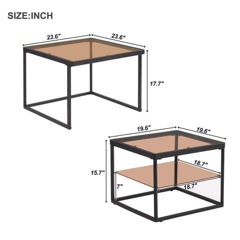 Modern High-Low Coffee Table Set - Brown Glass, Metal Frame