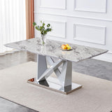 Modern Grey Marble Dining Table with Double V-Shaped Supports